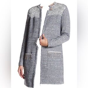 T Tahari EUC Kora lace yoke car coat in blue metallic, beading, Size 10